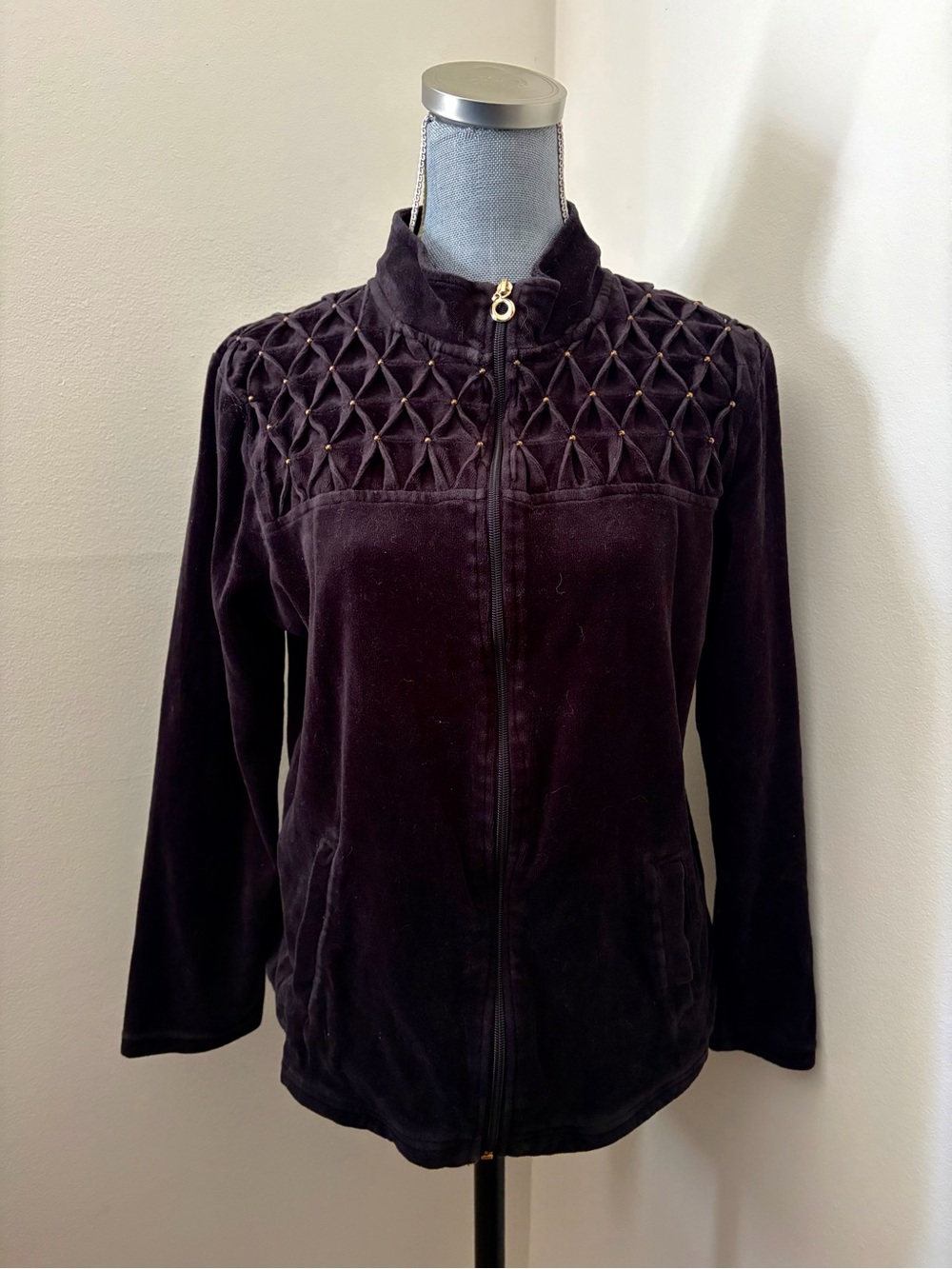 Y2K Velour Corset Lattice Pleat Textured Zip Jacket Black
